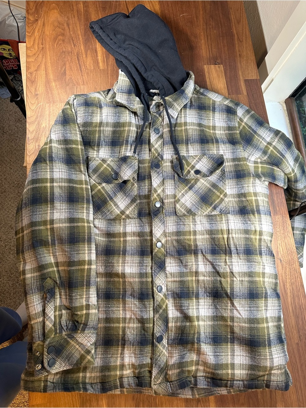 Boston Traders Men’s M Hooded Plaid Flannel Jacket Quilted Lined Green Blue